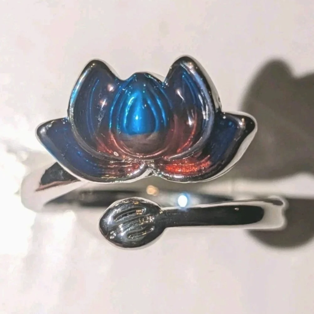 Women's Sterling Silver 925 Blue-Purple Lotus Flower Cloisonne Adjustable Size